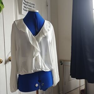 Dynamite White Ruffled Wrap Blouse with Peter Pan Collar